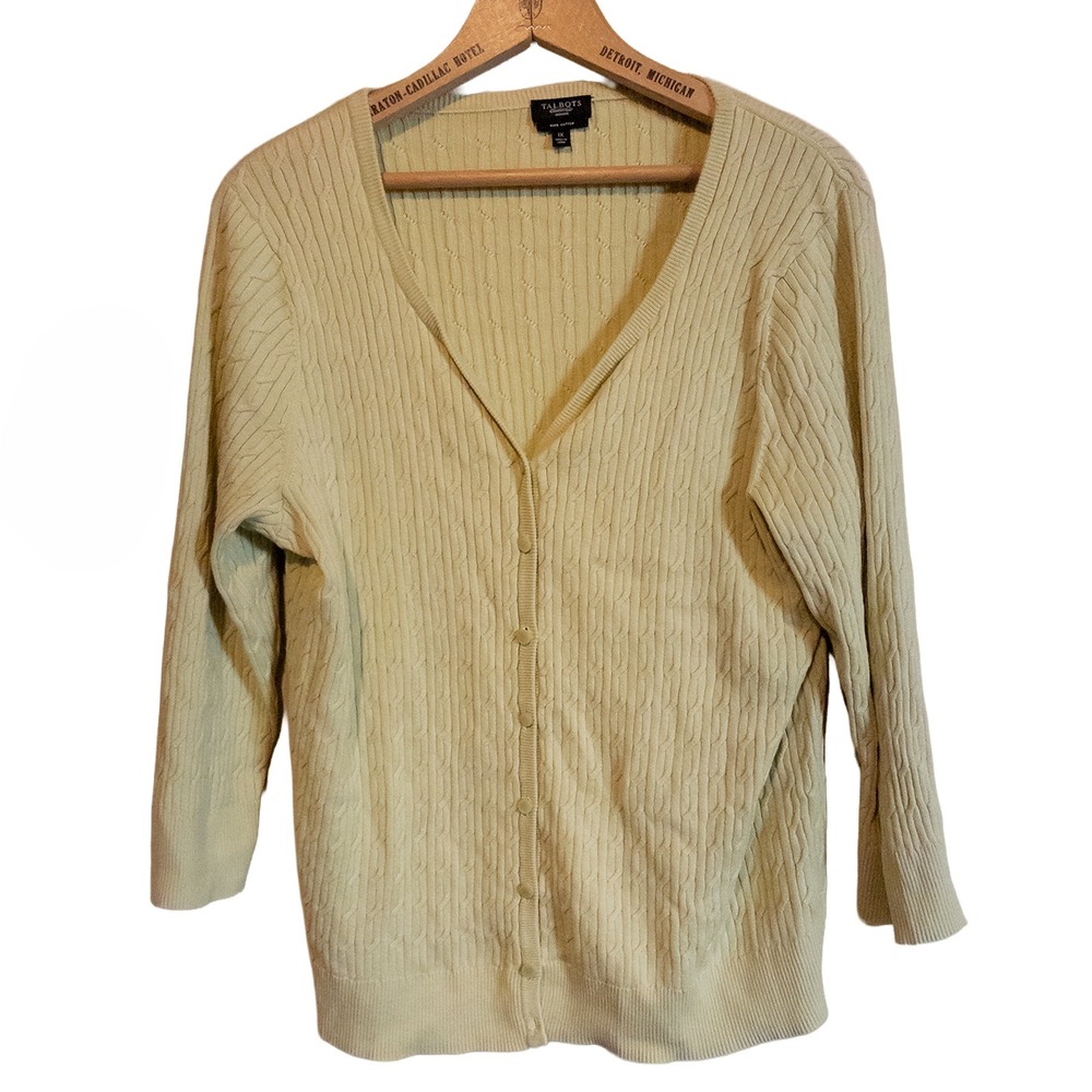 Talbots Pima Cotton Cable Knit Cardigan Sweater Pastel Yellow Womens Plus 1X